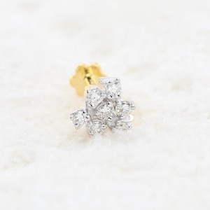 Piercing al naso con perno a forma di grappolo di diamanti naturali taglio rotondo in oro giallo 18 carati, perno al naso con perno a forma di diamante rotondo da 1,70 mm, perno al naso a vite