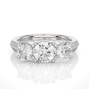 Round Three Stone Wedding Ring / IGI Certified GH/SI Lab Grown Diamond Pave Engagement Ring / 14k Real Gold Ring / Anniversary Ring Gift
