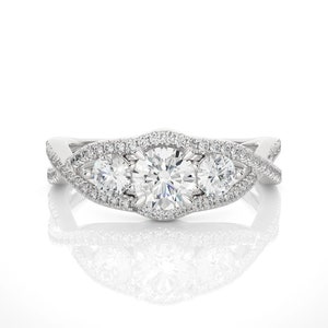 Round Three Stone Wedding Ring / IGI Certified GH/SI Lab Grown Diamond Twisted Engagement Ring / 18k Real Gold Ring / Anniversary Ring Gift