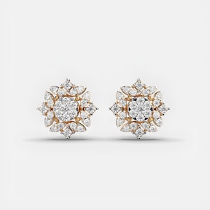 Solid Gold Earring / Round Diamond Floral Fantasy Cluster Lab Grown Diamond Stud Earrings / Minimal Diamond Stud Earrings, Christmas Gift