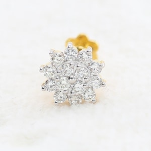 1.45 mm Round Diamond Stud Nose Pin, Screw Nose Pin Natural Diamond 18K Solid Yellow Gold Floral External Threaded Pin