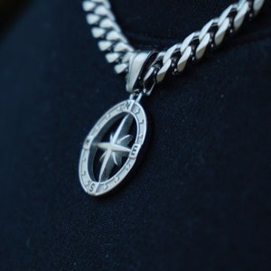 North Star Pendant Stainless Steel Silver Cuban Link Chain Mens Necklace
