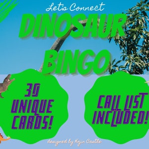 Bingo giurassico digitale con dinosauri per bambini – Festa di compleanno di gruppo di dinosauri in famiglia a scuola o al parco, giochi per dispositivi mobili, PDF stampabile