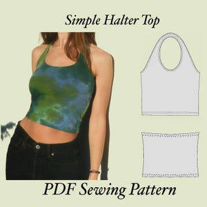 May include: A Simple Halter Top PDF Sewing Pattern featuring a green and blue tie-dye cropped halter top worn with black jeans, alongside a technical line drawing of the garment front and back with visible stitching details on a light background.