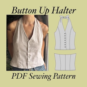 Puede incluir: Un top halter abotonado de color beige con rayas finas, escote en V y cierre de botones frontal. La imagen incluye el texto Button Up Halter PDF Sewing Pattern y un dibujo técnico que muestra la vista frontal y el panel posterior.