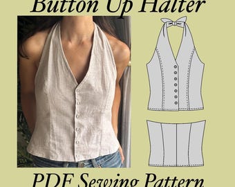 Button Up Tie Halter Top EU 34-48 (XS-XL) Pdf Sewing Pattern Printable