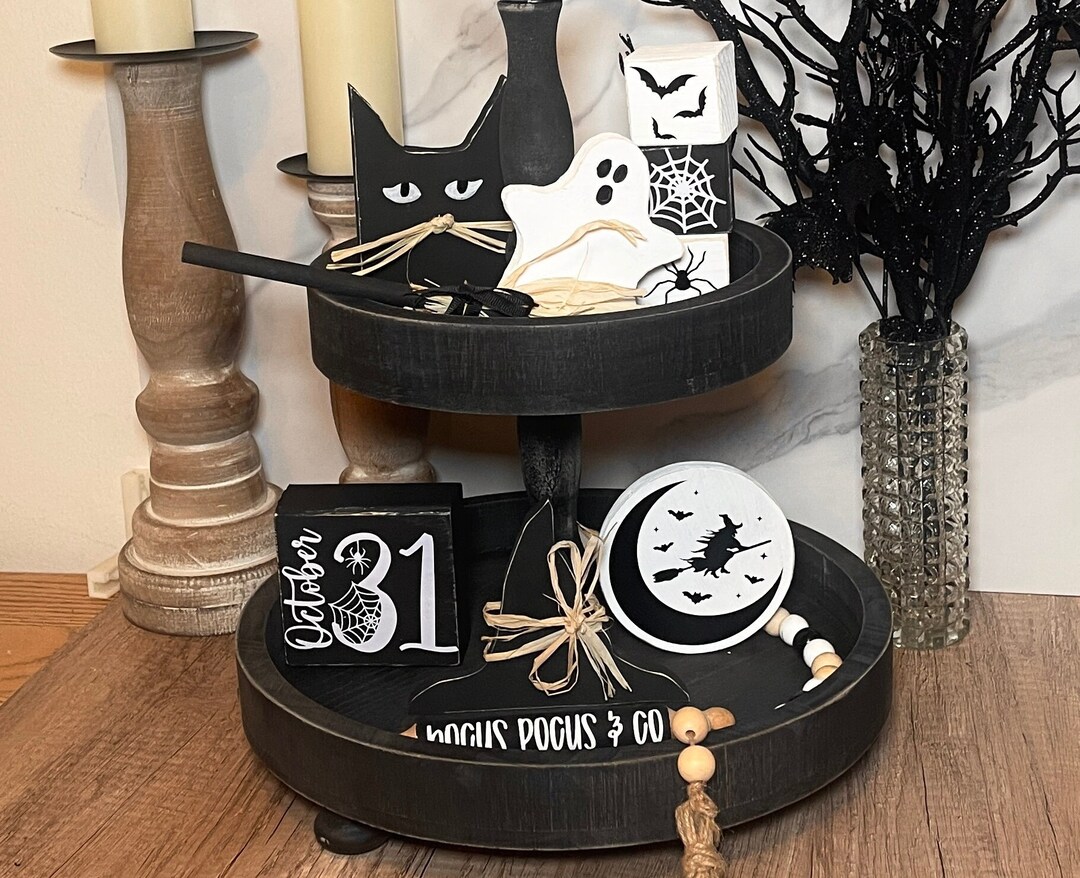 Halloween Tiered Tray Decor Black and White Halloween Decor Etsy