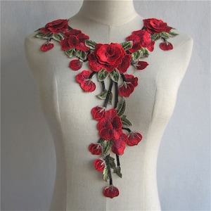 Apliques florales de rosa 3D Parches de escote de flor de hoja Motivo de encaje floral Apliques de encaje bordado para proyecto de bricolaje Jeans Vestido Proyecto de artesanía