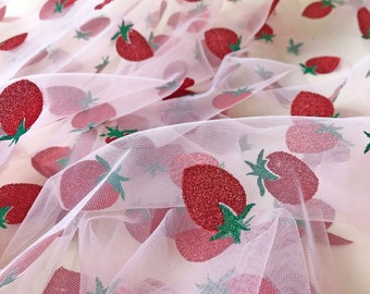 Glittering Strawberry Lace Fabric Red Strawberry Decorative Fabric Tulle Mesh Embroidery Lace Fabric For Project Birthday Dress, Maxi dress