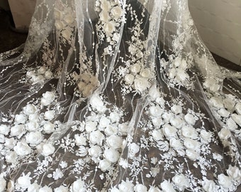 Off White Flower Embroidery Lace Fabric 3D Flower Decorative Fabric Off White Embroidery Lace Fabric For Project Wedding Dress Craft Project