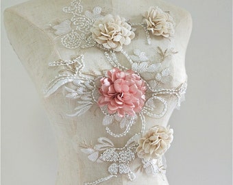 Large 3D Flower Patches Beaded Cord 3D Flower Embroidery Applique Motif Lace Applique With Bead For Bridal Dress Embellishment Craft