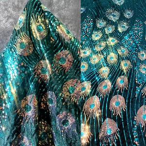 Tela de plumas de pavo real con purpurina y lentejuelas, tela suave, tela de constelación, tela bordada de pavo real para vestido de princesa, vestido de fiesta