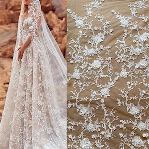 3D Flower Embroidery Lace Fabric Vine Decorative Fabric Bead Off White Embroidery Lace Fabric For Project Wedding Dress Craft Project