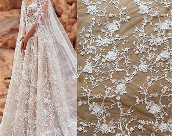 3D Flower Embroidery Lace Fabric Vine Decorative Fabric Bead Off White Embroidery Lace Fabric For Project Wedding Dress Craft Project
