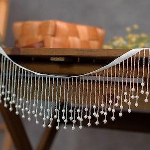 Tubes Fringe Trim, Tassel Beaded Trim, Dangling Ivory Pearl Bead Trim, for Party Costumes, Home Lamp Shape Decor Sold by 1 yard