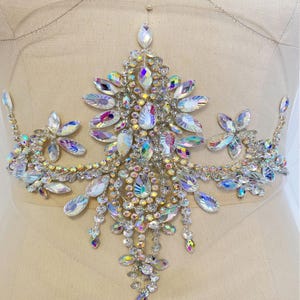 Könnte beinhalten: Ein großes, schillerndes Kristallbesatz mit einem floralen Design. Der Besatz besteht aus vielen kleinen, facettierten Kristallen, die zusammengenäht sind, um ein wunderschönes und filigranes Design zu schaffen.