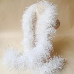 Op de afbeelding: Een lange, pluizige witte veren boa gemaakt van zachte, delicate veren. De boa is gedrapeerd in een cirkelvormige lus, wat de dichte, volumineuze textuur en de helderwitte kleur over de gehele lengte van het accessoire laat zien.