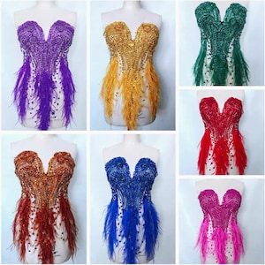 Puede incluir: Seis tops de diferentes colores con cuentas y plumas. Los tops son sin tirantes y tienen un escote de corazón. Los colores son morado, amarillo, verde, rojo, azul y rosa.