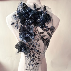 ネイビー スパンコール 3D フラワー アップリケ 花柄装飾パッチ フラワー レース モチーフ 刺繍 レース アップリケ DIY プロジェクト ジーンズ ウェア クラフト プロジェクト用