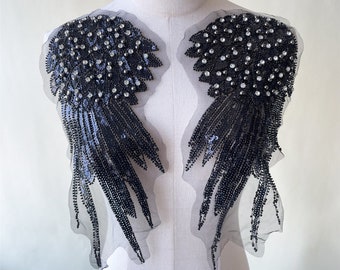 Rhinestone Black Wing Applique Black Wing Lace Motif Embroidery Lace Applique For DIY Project Party Bodice, Jeans, Dress Craft Project