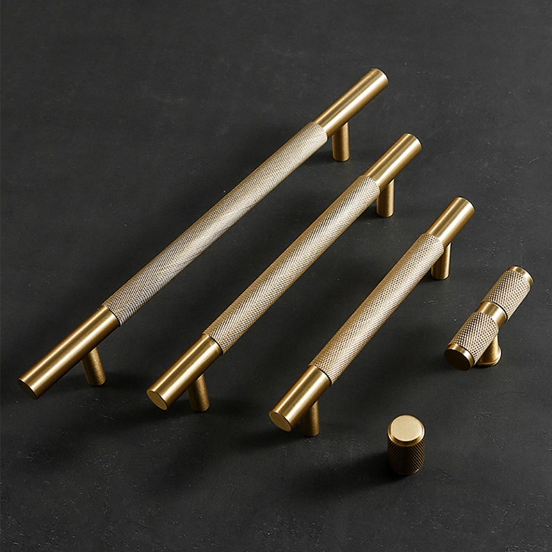 High-End Modern Knurling Handles,Knurled T Bar Solid Brass Handles Long Handle Gold Drawer Pulls Hardware Kitchen Handles for Cabinets 