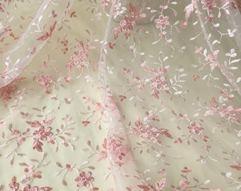 Pink Flower Embroidery Lace Fabric Floral Decorative Fabric Pink Flower Mesh Embroidery Lace Fabric For Project Summer Dress Craft Project