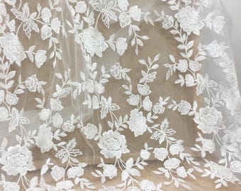 Delicate bloem overlay Tule stof met pailletten bloemen geborduurde kant stof mesh voor bruidsjurk, DIY trouwjurk ambachtelijk project