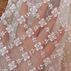 Ivory Beaded Flower Lace Applique with Sequin Pearl Tulle Lace Fabric Bead White Soft Fabric Mesh For DIY Wedding Dress Craft Project
