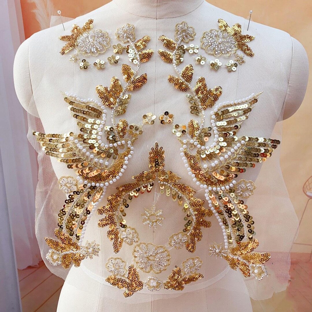 ビーズ刺繍モチーフレースアップリケゴールドスパンコールアップリケ