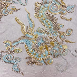 Black Mesh Blue Gold Dragon Embroidery Lace Applique Pearl Beaded Applique Sequin Lace Patches For performance dress, Ballet, Stage Costumes
