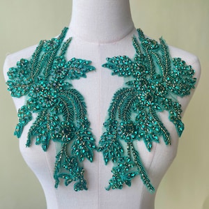 Emerald Rhinestone Applique Crystal Green Decorative Patches Heavy Rhinestone Motif Embroidery Lace Applique For DIY Project Craft Project