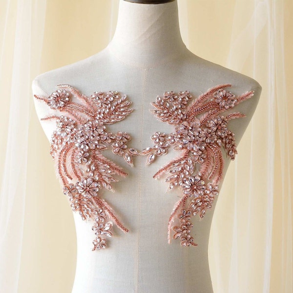 Pink Rhinestone Applique Crystal Pink Decorative Patches Heavy Rhinestone Motif Embroidery Lace Applique For DIY Dance Dress Craft Project