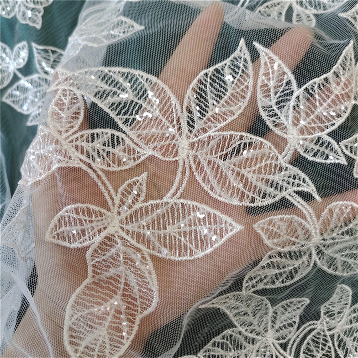 Leaves Fabric Ivory Leaf Embroidery Lace Fabric Ivory Soft Vine Embroidery Tulle Fabric Soft Lace For Wedding Dress Craft Project