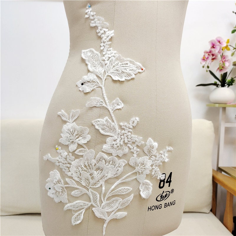 Off White Flower Embroidery Applique Floral Decorative Patches Leaf Lace Motif Bridal Lace Applique For DIY Project Jeans Wear Craft Project