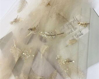 Elegant Feather Embroidery Lace Fabric With Sequin Champagne Feather Fabric Mesh With Sequin Lace Fabric For Summer Dress Craft Project