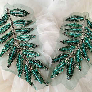 Green Leaves Beaded Rhinestone Embellished Applique Leaves Crystal Rhinestone Motif Sash Belt Applique For DIY DIY Iron Glue Prom Dress