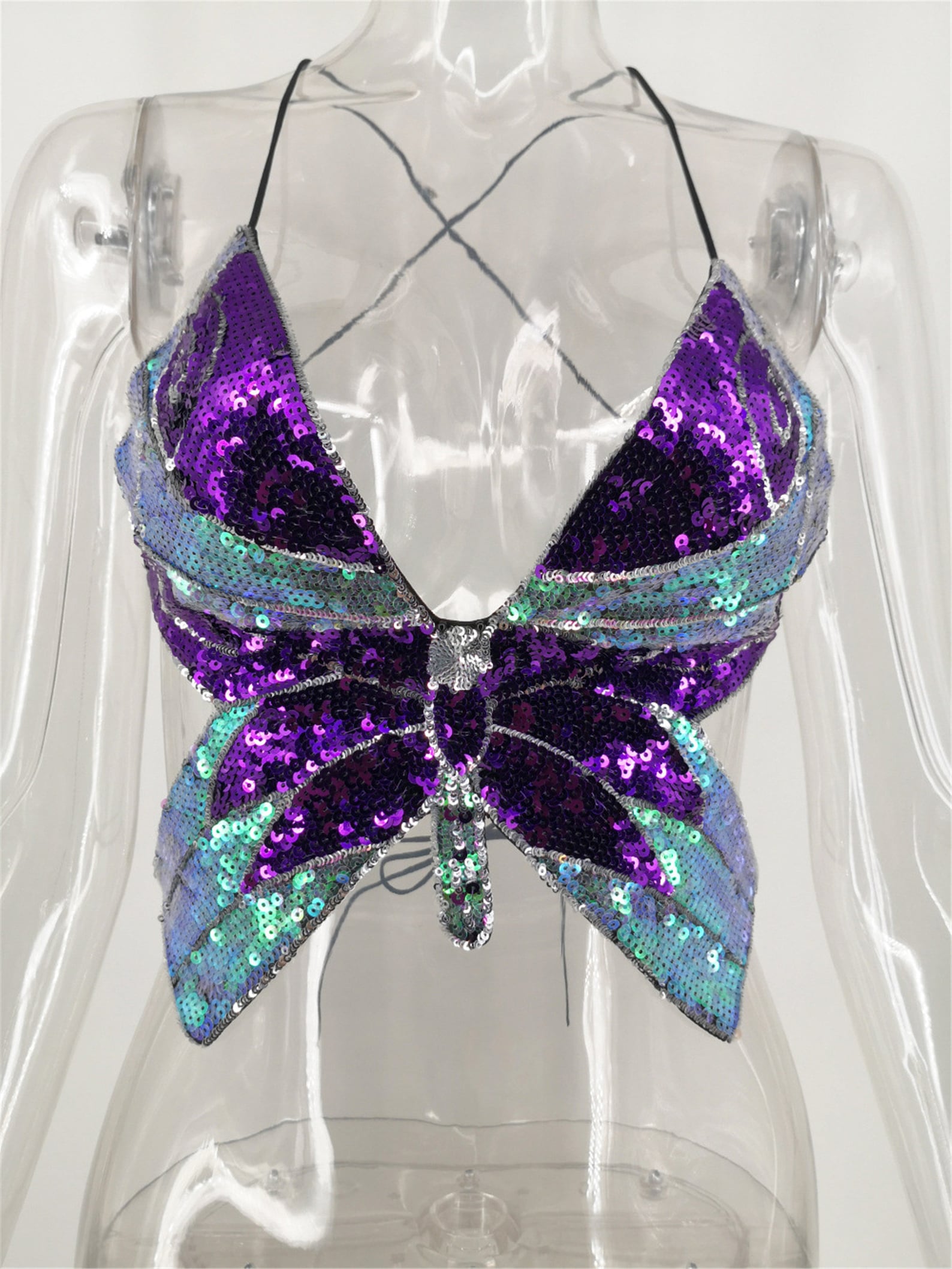 Y2K Butterfly Sequin Top Sequin Butterfly Padded Open Lace Etsy