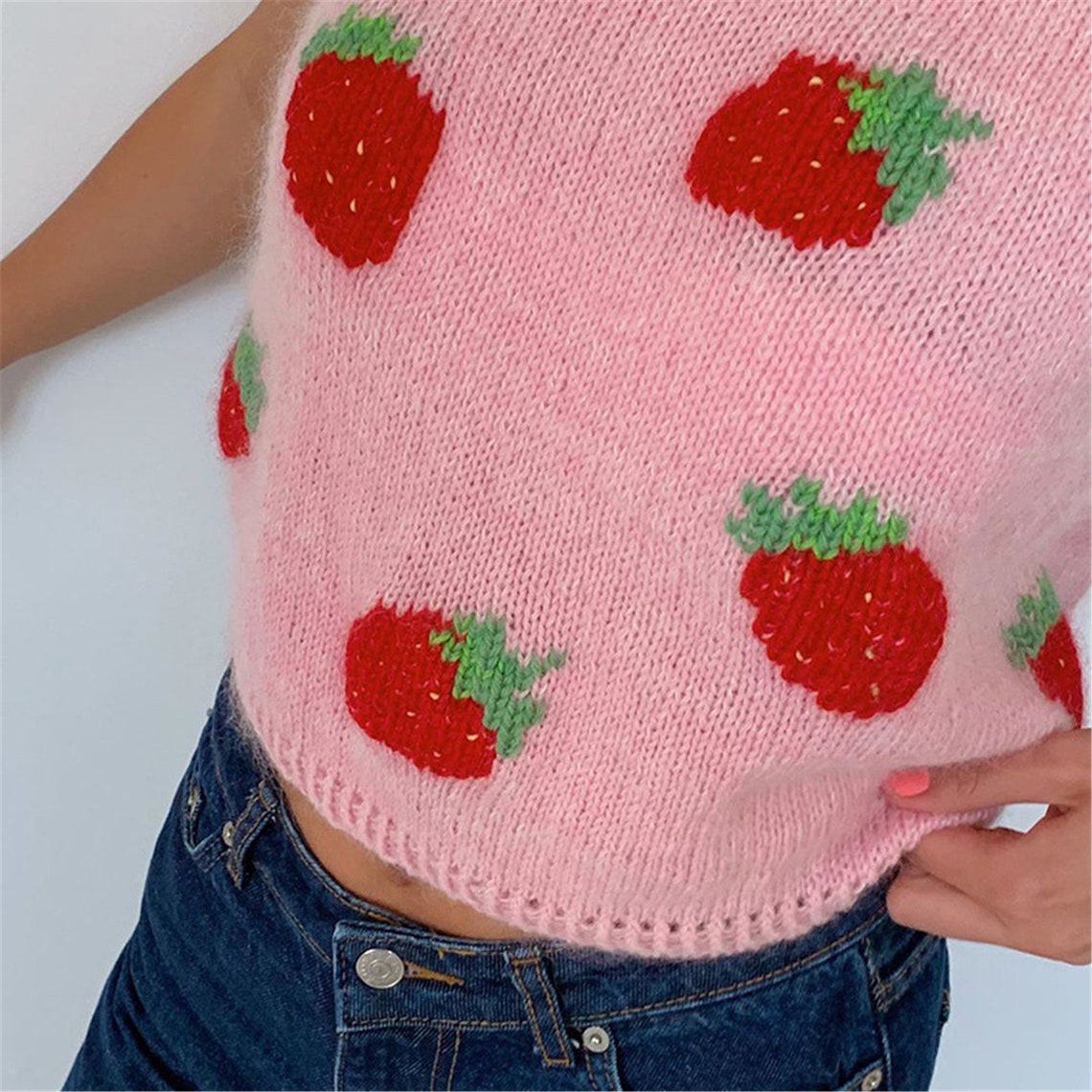 Strawberry Knit Sweater Vest Strawberry Embroidered Crop Top Etsy