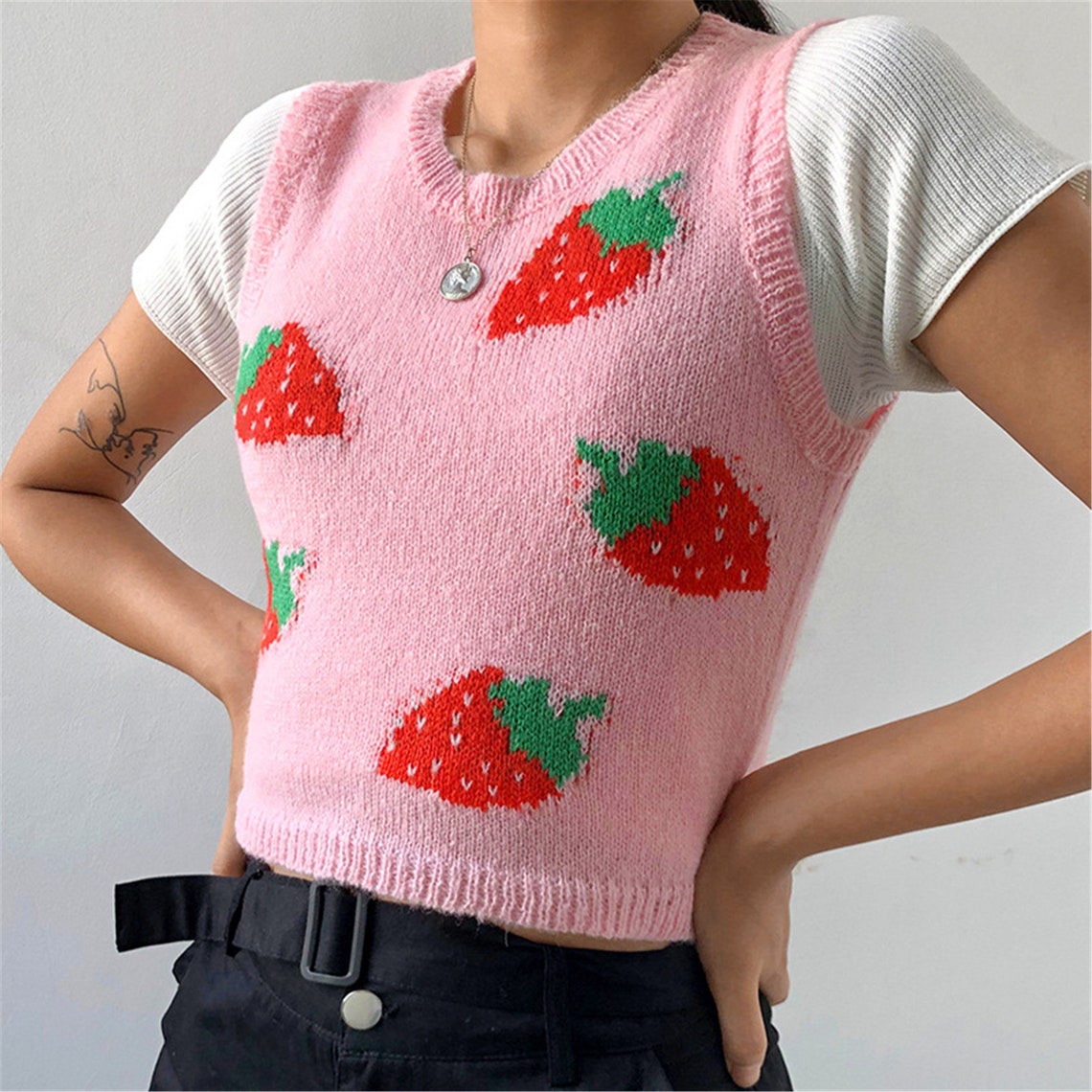 Strawberry Knit Sweater Vest Strawberry Embroidered Crop Top Etsy