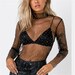 Mesh Sequin Lace Mesh See Through Crop Top, Shiny Transparent Long Sleeve Mesh Crew Neck Top, Sheer See Through Long Sleeve Crop Top 