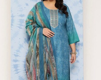 Plus Size Kurta Set - Blue Floral Embroidered Regular Thread Work Kurta with Trousers & With Dupatta - Plus Size Indian Wedding Dress