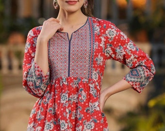 Tunique pour femme - Kurti en pur coton imprimé floral rouge et bleu marine pour femme - Kurti court - Hauts d'été - Boho Hippie - Vêtements ethniques
