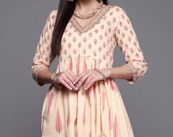 Indian Tunic - Beige & Pink Printed A-Line Cotton Tunic For Women - Summer Tops For Women - Short Kurti - Ethnic Wear - Festive / Casual
