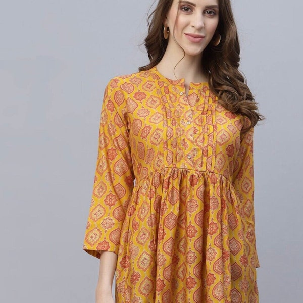 Indian Tunic - Yellow & Orange Printed Ethnic Longline Top For Women - Short Kurti For Women - Summer Tops And Tee’s - Party / Casual Wear