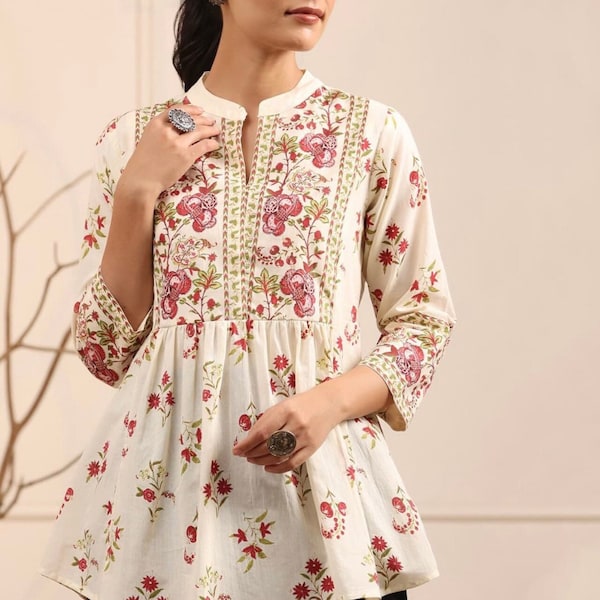 Indian Tunic - Cream Floral Printed Pure Cotton Mandarin Collar Ethnic Top For Women - Short Kurti For Women - Summer Tops & Tee - Boho Top