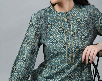 Tunique indienne - Tunique Gotta Patti bleue et verte en modal à imprimé floral et col mao pour femme - Kurti court pour femme - Hauts ethniques pour l'été