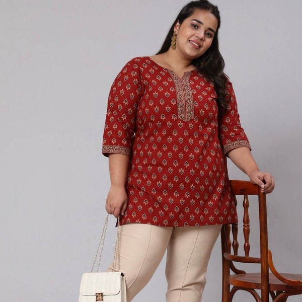 Plus Size Tunika - Handblock bedruckte reine Baumwolle Kastanienbraun & Beige bedruckte Tunika für Frauen - Sommeroberteile für Frauen - indische Tunika XXXL 4XL 7XL