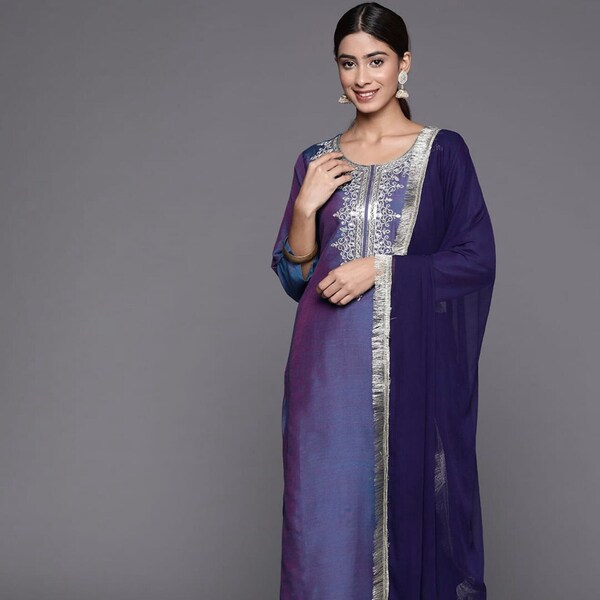 Ensemble kurta en soie - Kurta droit brodé à motifs ethniques bleus avec pantalon et dupatta - Robe de mariée indienne - Vêtements de fête ethniques pour femmes