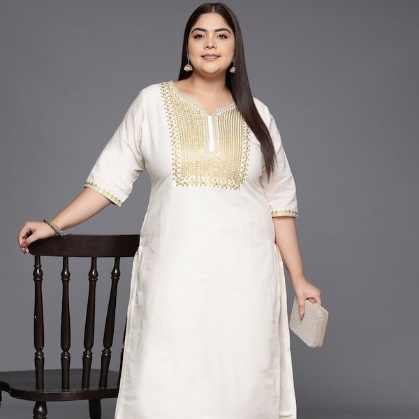 Plus Size Kurta Women - Yoke Design Sequinned Cotton Kurta For Women - Indian Dress - Ethnic Wear - Wedding / Festive / Party Wear For Women