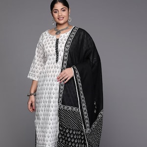 Plus Size Kurta Set For Women - Gotta Patti Black & White Printed Pure Cotton Kurta With Palazzos And Dupatta - Indian Dress XXXL 5XL 6XL